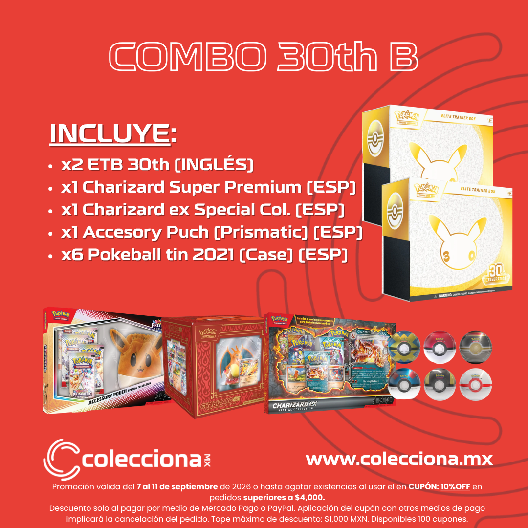 COMBO: Pokémon TCG 30th B - x2 ETB 30th (INGLÉS) + x1 Charizard Super Premium (ESP) + x1 Charizard ex Special Col. (ESP) + x1 Accesory Pouch (Prismatic) (ESP) + x6 Pokeball tin 2021 (Case) (ESP) (COMBO NO LIMITADO)