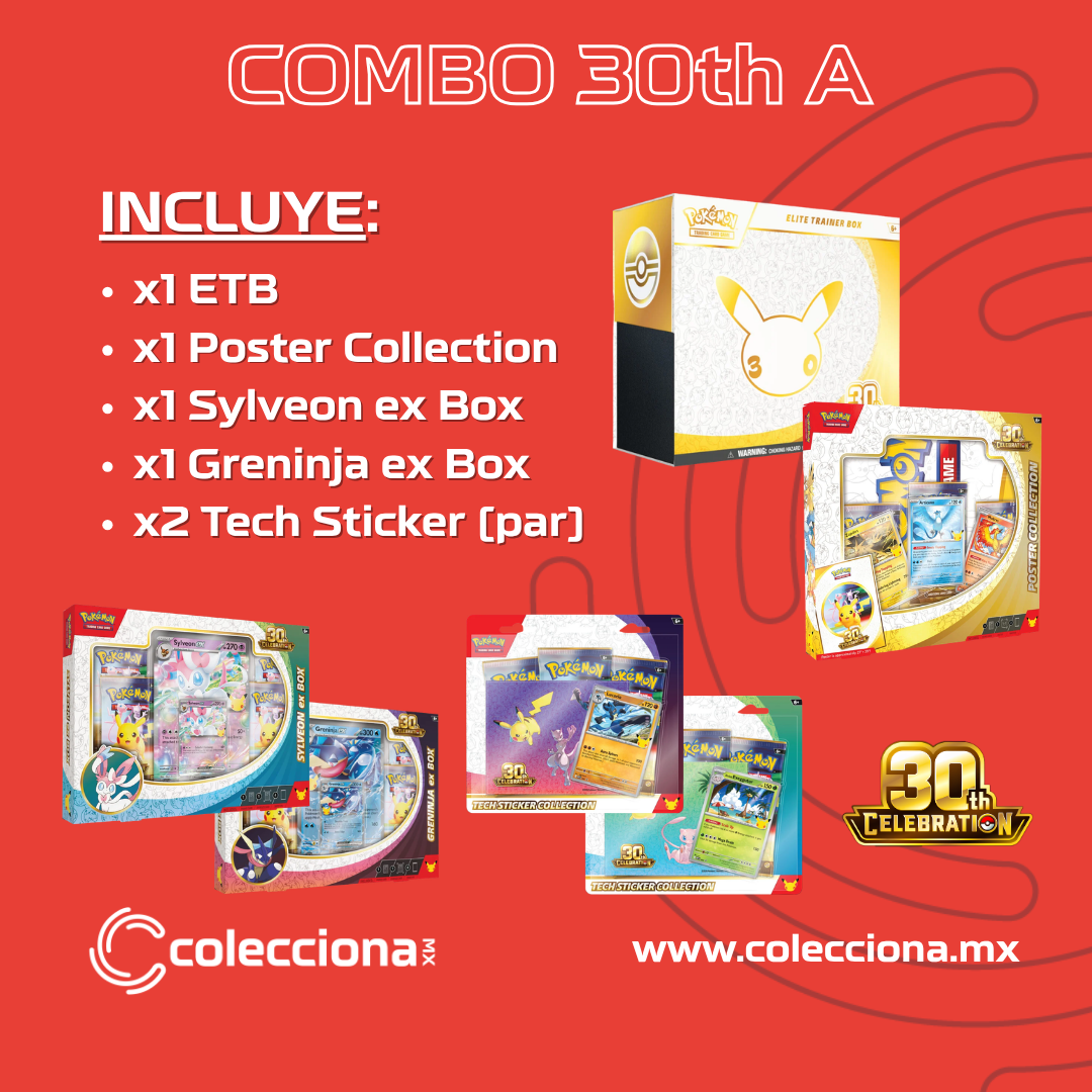 COMBO: Pokémon TCG 30th A - x1 ETB + x1 Poster Collection + x1 Sylveon ex Box + x1 Greninja ex Box + x2 Tech Sticker (par) (LIMITADO A 1 - LEER DESCRIPCIÓN)