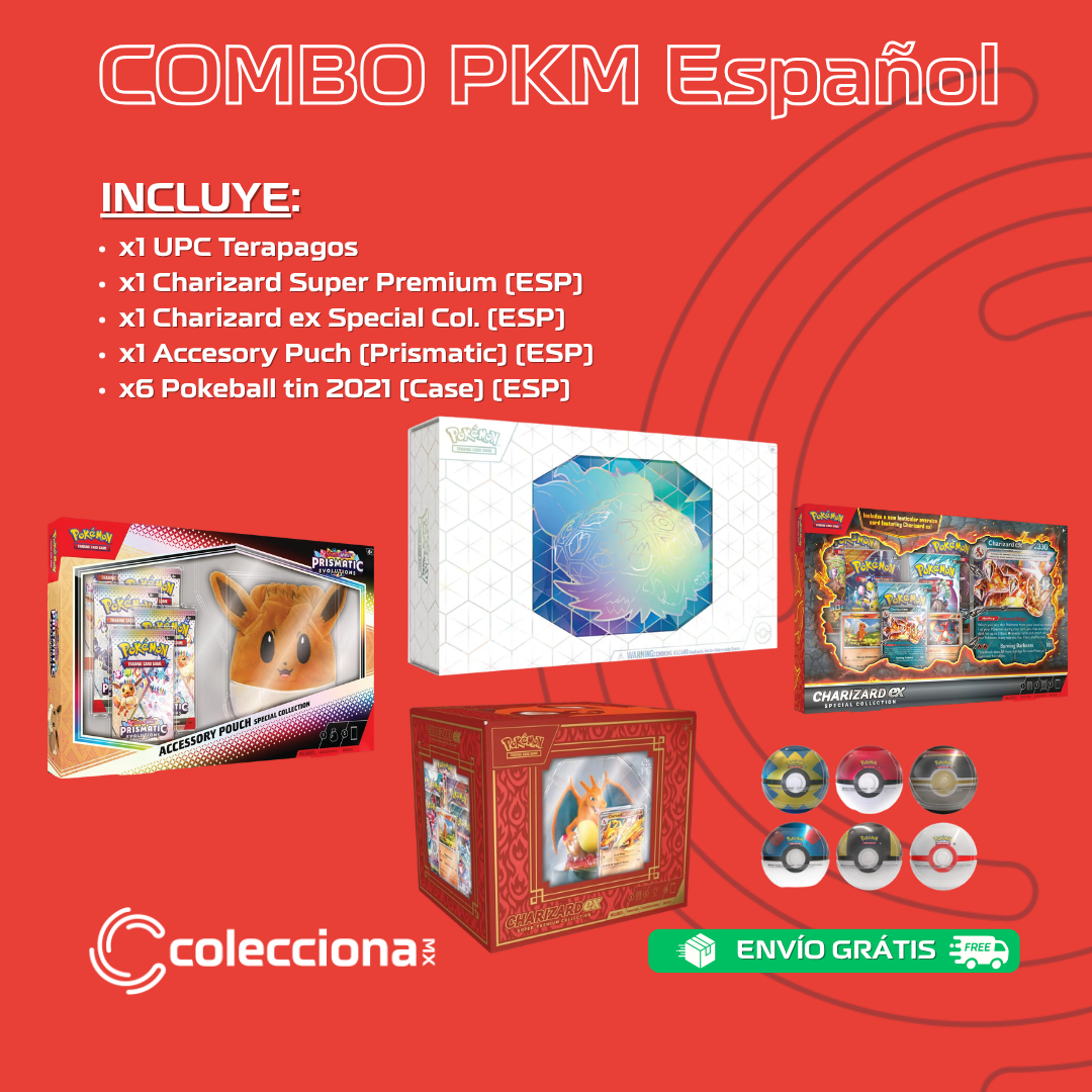 COMBO: Pokémon TCG - Español - x1 UPC Terapagos + x1 Charizard Super Premium (ESP) + x1 Charizard ex Special Col. (ESP) + x1 Accesory Puch (Prismatic) (ESP) + x6 Pokeball tin 2021 (Case) (ESP)