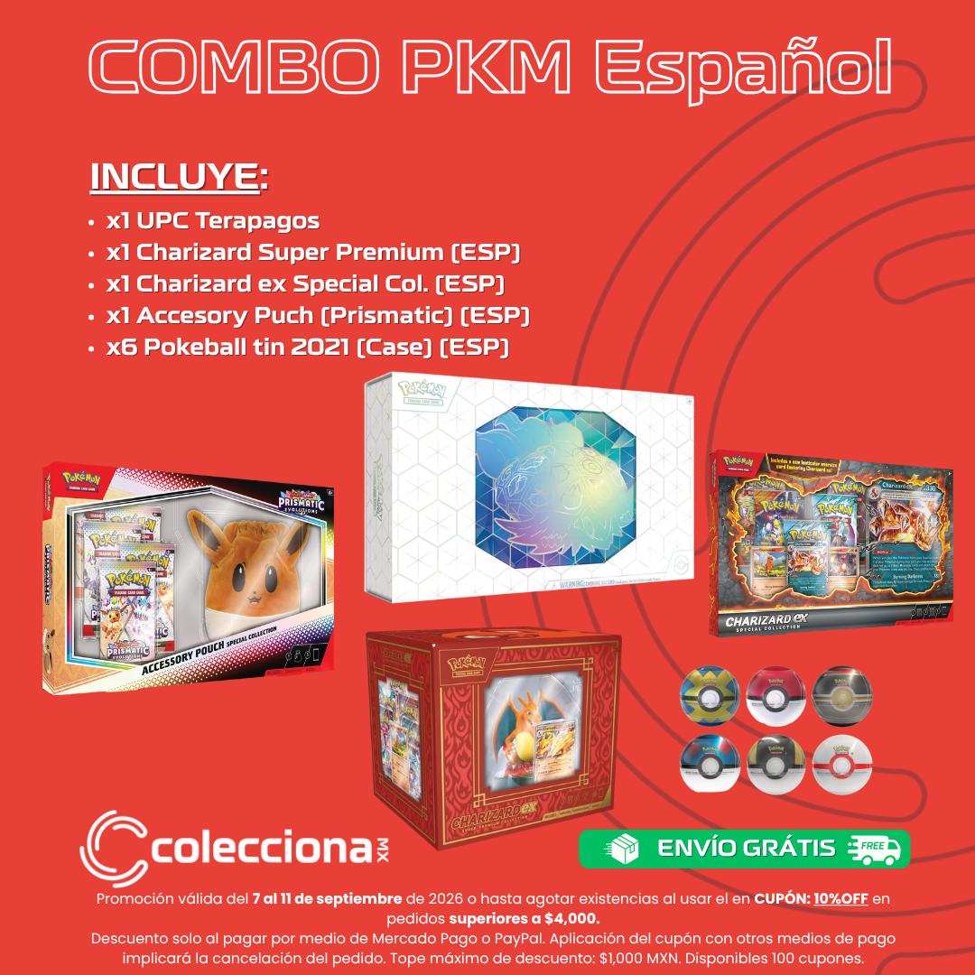 COMBO: Pokémon TCG - Español - x1 UPC Terapagos + x1 Charizard Super Premium (ESP) + x1 Charizard ex Special Col. (ESP) + x1 Accesory Puch (Prismatic) (ESP) + x6 Pokeball tin 2021 (Case) (ESP)
