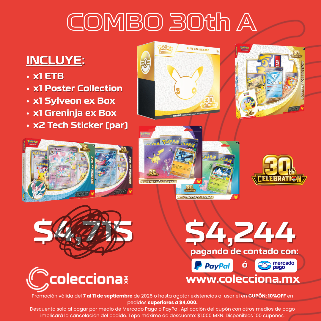 COMBO: Pokémon TCG 30th A - x1 ETB + x1 Poster Collection + x1 Sylveon ex Box + x1 Greninja ex Box + x2 Tech Sticker (par) (LIMITADO A 1 - LEER DESCRIPCIÓN)