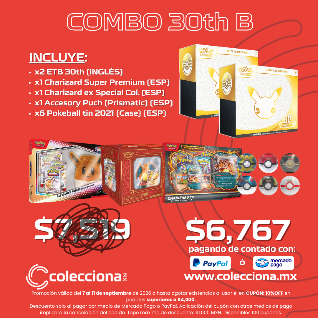 COMBO: Pokémon TCG 30th B - x2 ETB 30th (INGLÉS) + x1 Charizard Super Premium (ESP) + x1 Charizard ex Special Col. (ESP) + x1 Accesory Pouch (Prismatic) (ESP) + x6 Pokeball tin 2021 (Case) (ESP) (COMBO NO LIMITADO)