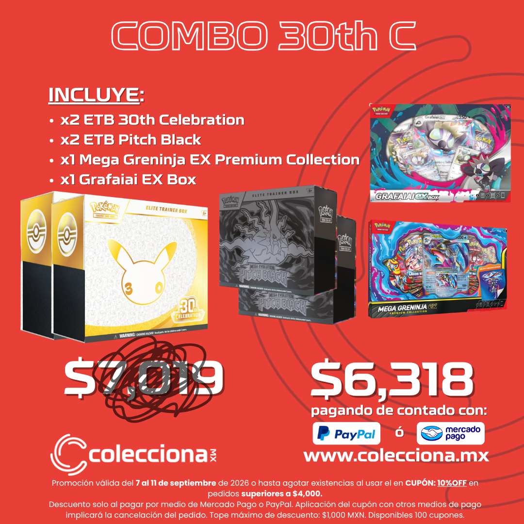 COMBO: Pokémon TCG 30th C - ⁠2 ETB 30th Celebration +  ⁠⁠2 ETB Pitch Black +  ⁠⁠1 Mega Greninja EX Premium Collection +⁠  ⁠⁠1 Grafaiai EX Box (COMBO NO LIMITADO)