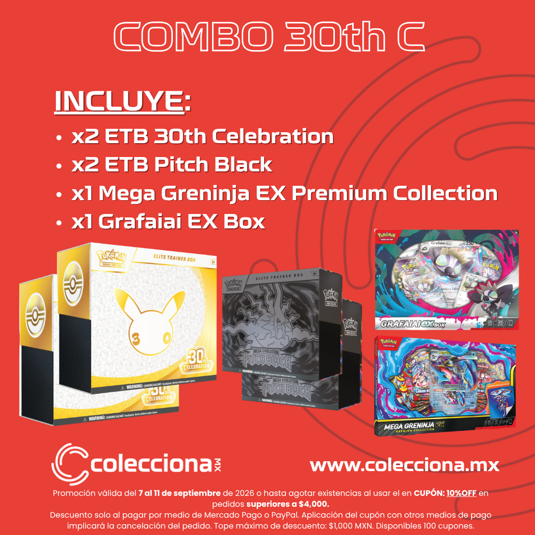 COMBO: Pokémon TCG 30th C - ⁠2 ETB 30th Celebration +  ⁠⁠2 ETB Pitch Black +  ⁠⁠1 Mega Greninja EX Premium Collection +⁠  ⁠⁠1 Grafaiai EX Box (COMBO NO LIMITADO)