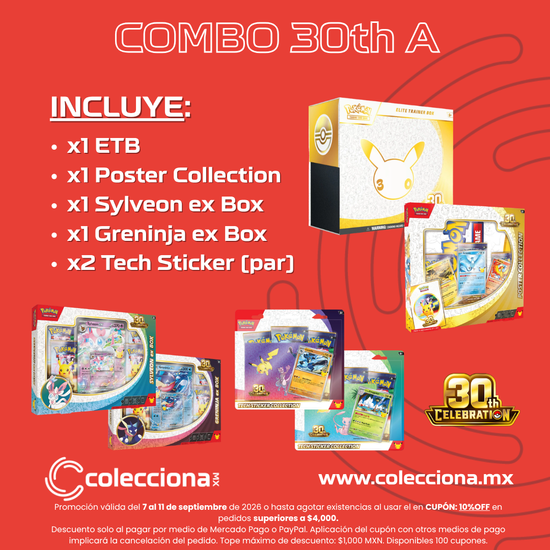 COMBO: Pokémon TCG 30th A - x1 ETB + x1 Poster Collection + x1 Sylveon ex Box + x1 Greninja ex Box + x2 Tech Sticker (par) (LIMITADO A 1 - LEER DESCRIPCIÓN)