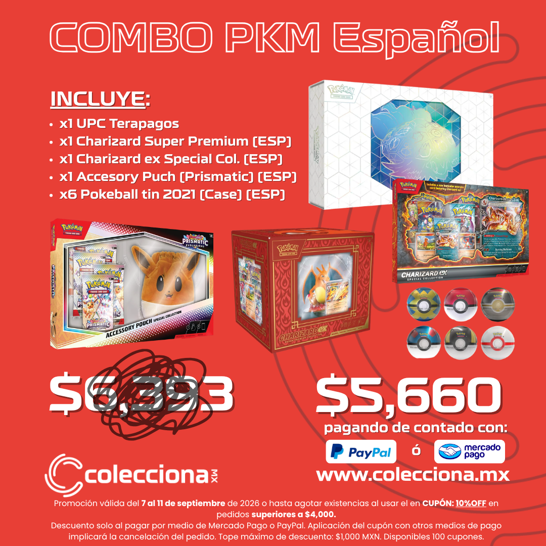 COMBO: Pokémon TCG - Español - x1 UPC Terapagos + x1 Charizard Super Premium (ESP) + x1 Charizard ex Special Col. (ESP) + x1 Accesory Puch (Prismatic) (ESP) + x6 Pokeball tin 2021 (Case) (ESP)
