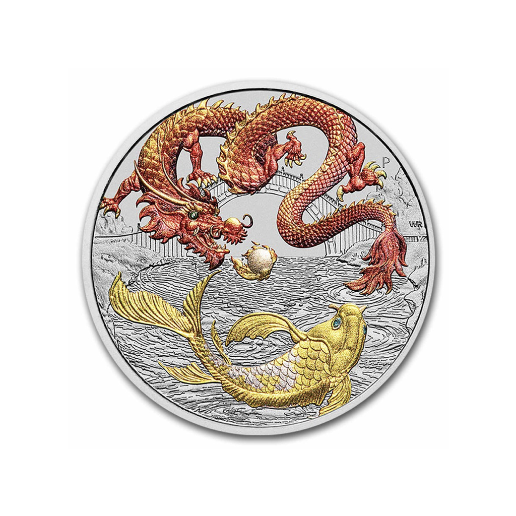 Dragon & Koi: Colorizado rojo y dorado - 2023 - Moneda de plata