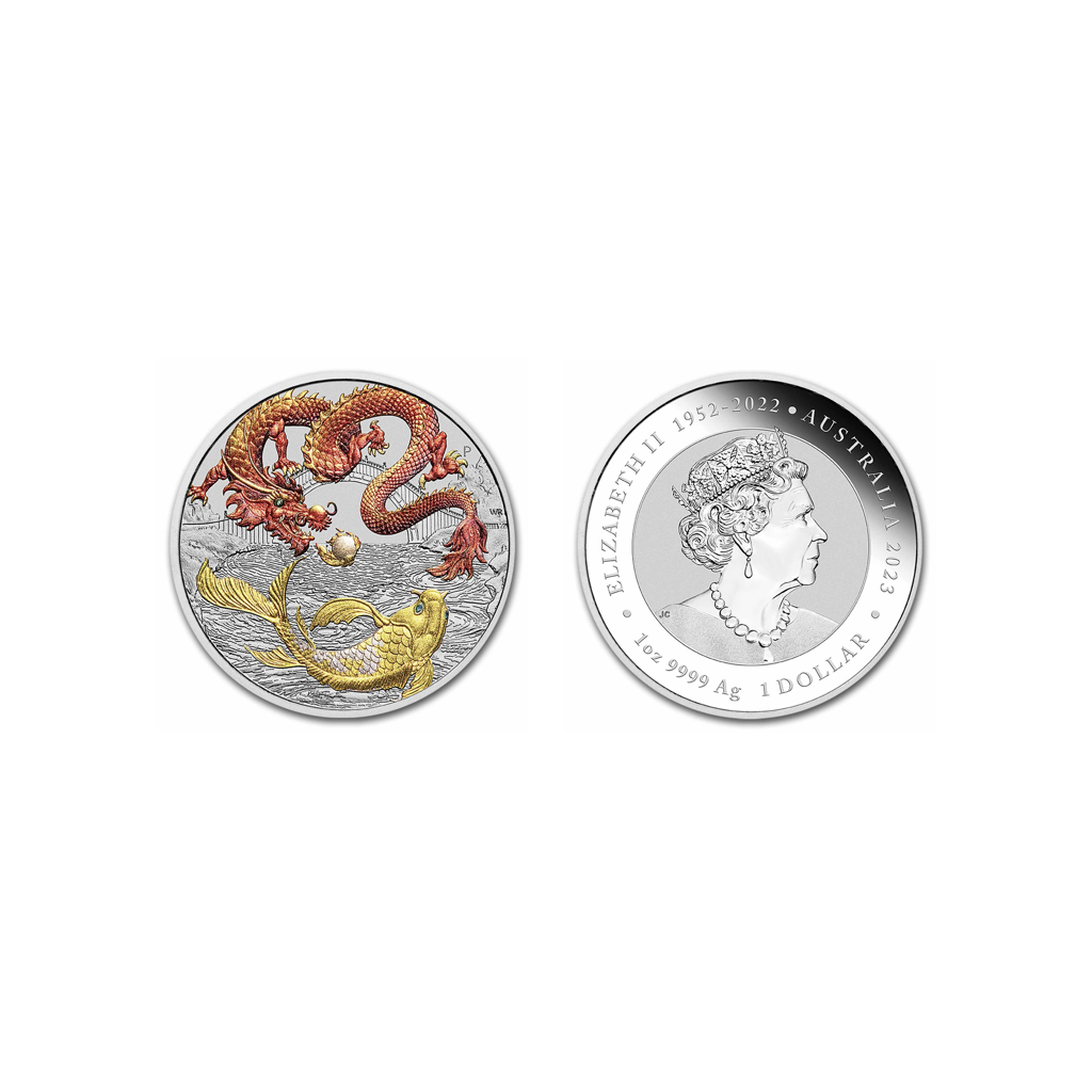 Dragon & Koi: Colorizado rojo y dorado - 2023 - Moneda de plata