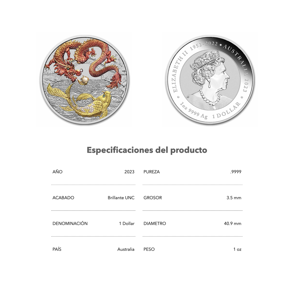 Dragon & Koi: Colorizado rojo y dorado - 2023 - Moneda de plata